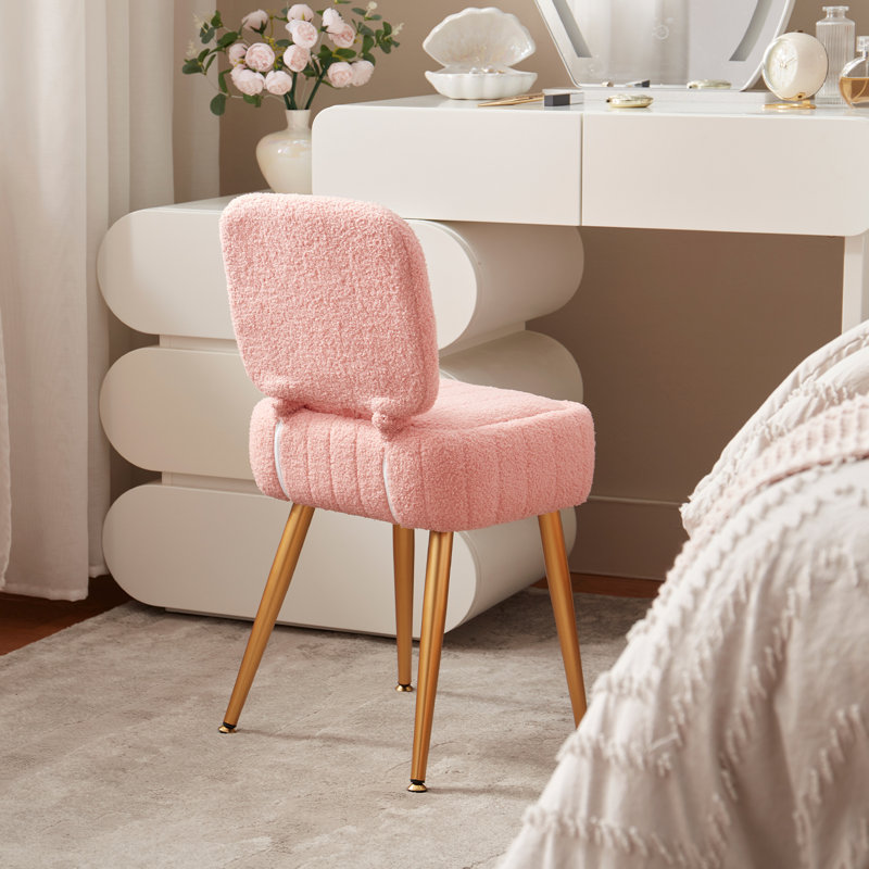 Tabouret de coiffeuse rembourré en polaire Teddy avec rangement et dossier pliant, Rose