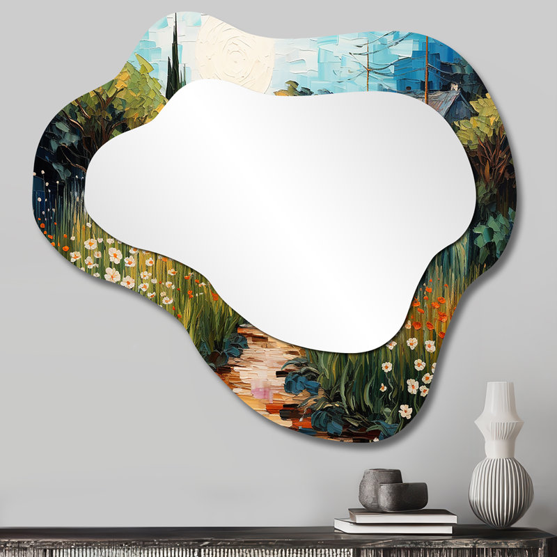 Maison de campagne à côté de Flower River - grand miroir asymétrique paysage, décor de miroir mural unique nuage bleu, impression d'art en métal
