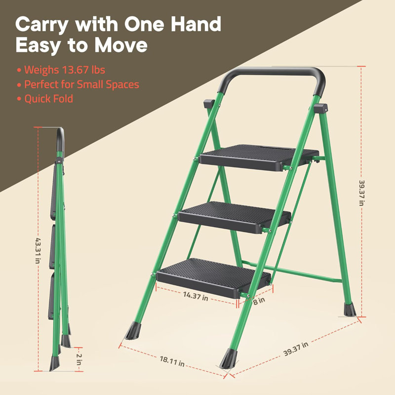 Tabouret pliable vert à 3 marches - Escabeau pliable robuste pour adultes, capacité de 500 lb, pieds antidérapants et marches larges, structure en acier robuste, conception légère et peu encombrante pour la maison, la cuisine et le garage