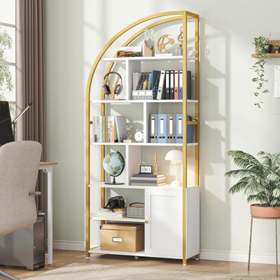 Bibliothèque à 6 niveaux avec porte, grande bibliothèque industrielle avec 9 tablettes ouvertes, grande bibliothèque, bibliothèque géométrique blanche pour le salon, bureau à domicile