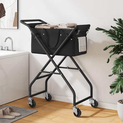 Panier à linge roulant sans pliage avec roues verrouillables et poignée, panier pliable sans vis, cadre en métal durable et sac de doublure amovible (noir)