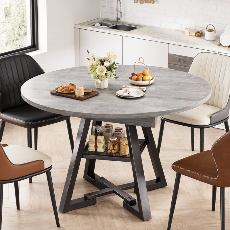 Table de salle à manger extensible de 47 à 61 po pour 4 à 8 personnes, table de cuisine industrielle ronde ou ovale avec tablette de rangement cachée, base piédestal compacte pour petit appartement et salon