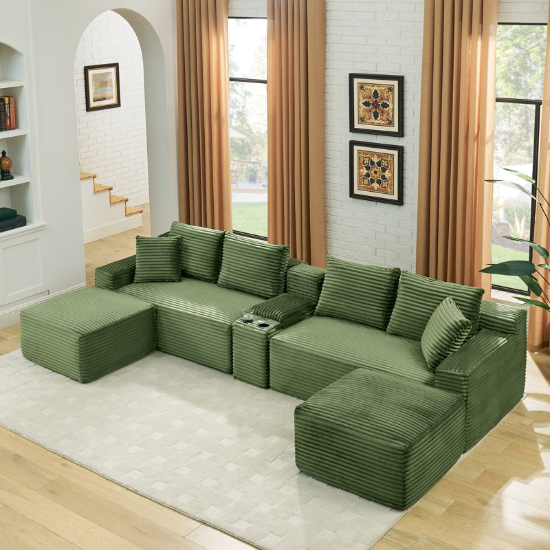 Canapé modulaire en velours côtelé avec console de rangement et USB sans assemblage, Vert
