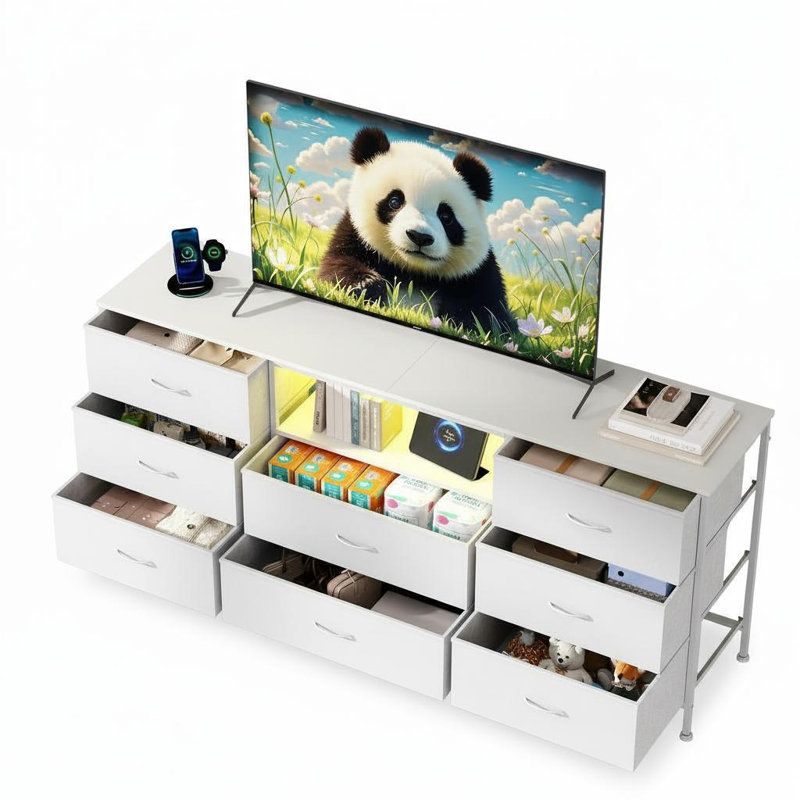 Meuble télé 63 po avec 8 tiroirs en tissu, centre de divertissement, Blanc