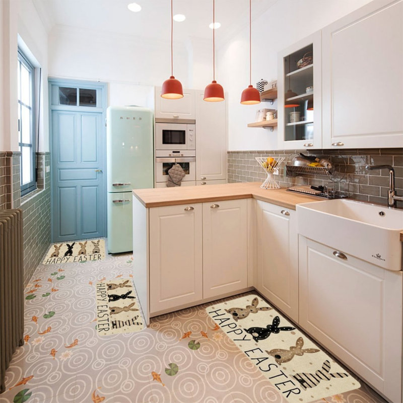 Beige Easter Bunny Kitchen Rug 3 Piece Set for Kitchen & Entryway