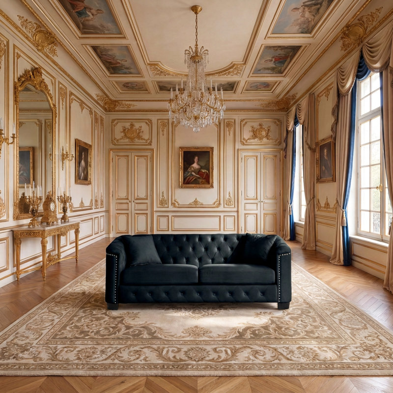 Canapé Chesterfield de 77 pouces avec dossier capitonné, garniture cloutée et coussins amovibles, Black