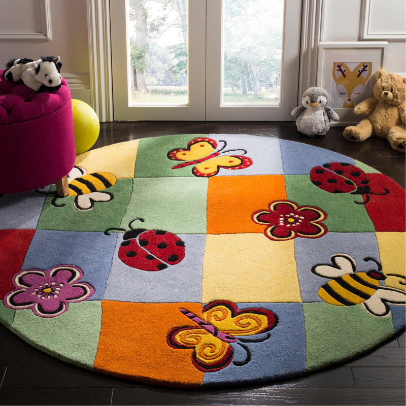Tapis vert / bleu / rouge en laine touffeté à la main Claro, Rond 4 pi