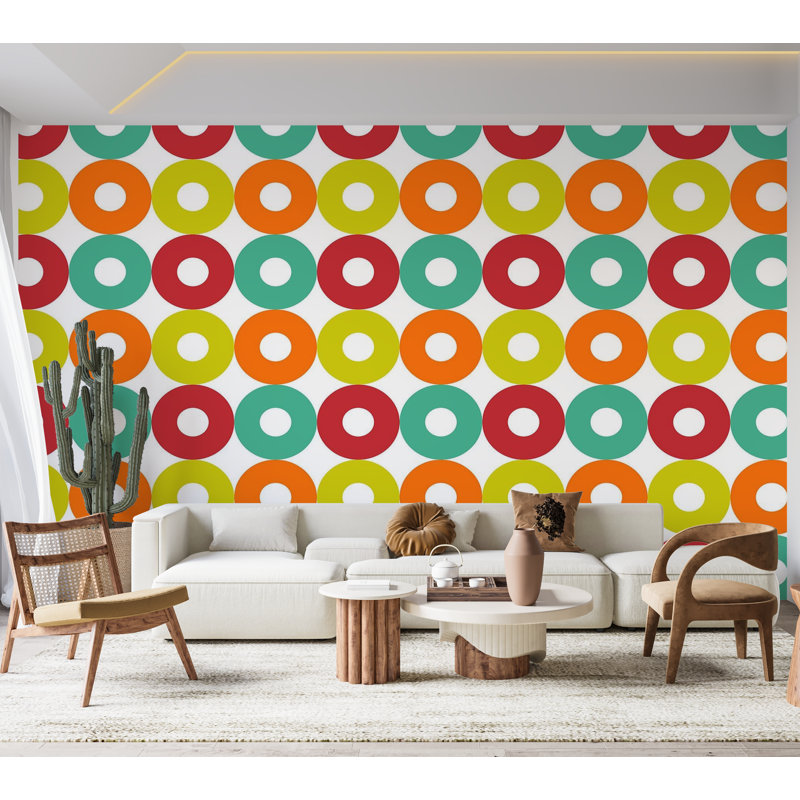 Papier peint de qualité supérieure - Motif de cercles rétro, L 96 po x l 120 po