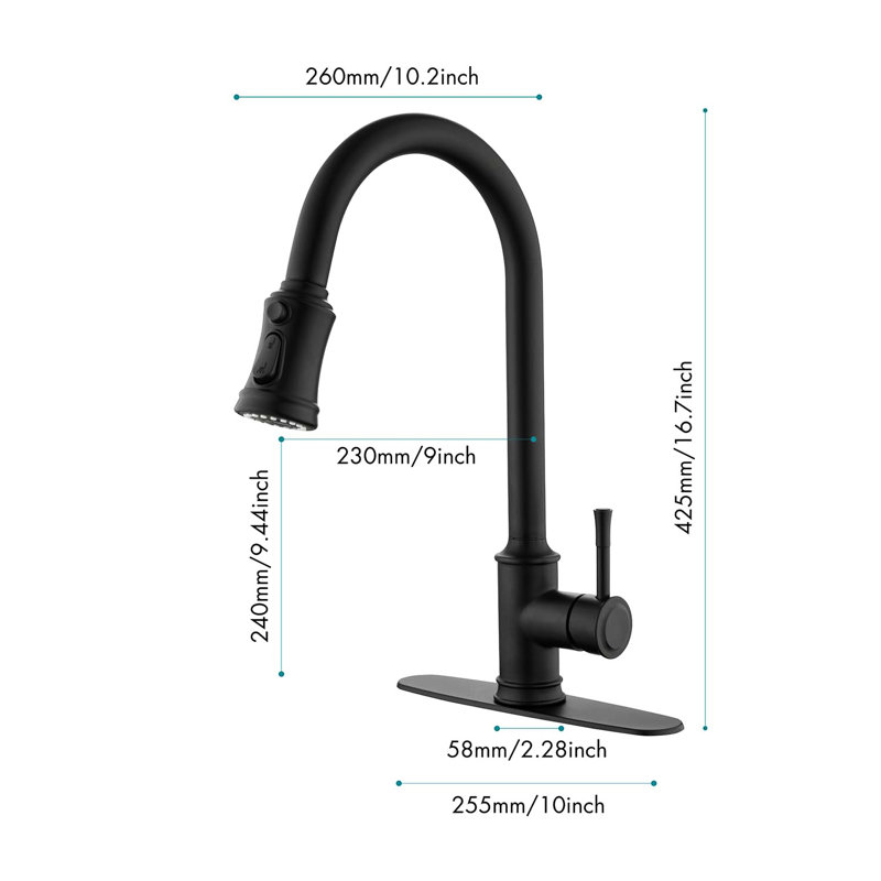 Single Handle Kitchen Faucet With Pull Down , Matte Black, Stainless Steel, 360 Rotating Nozzle, 3 Water Outputs Steel Sink Spray Head, Handle, Output Settings, Versatile Use