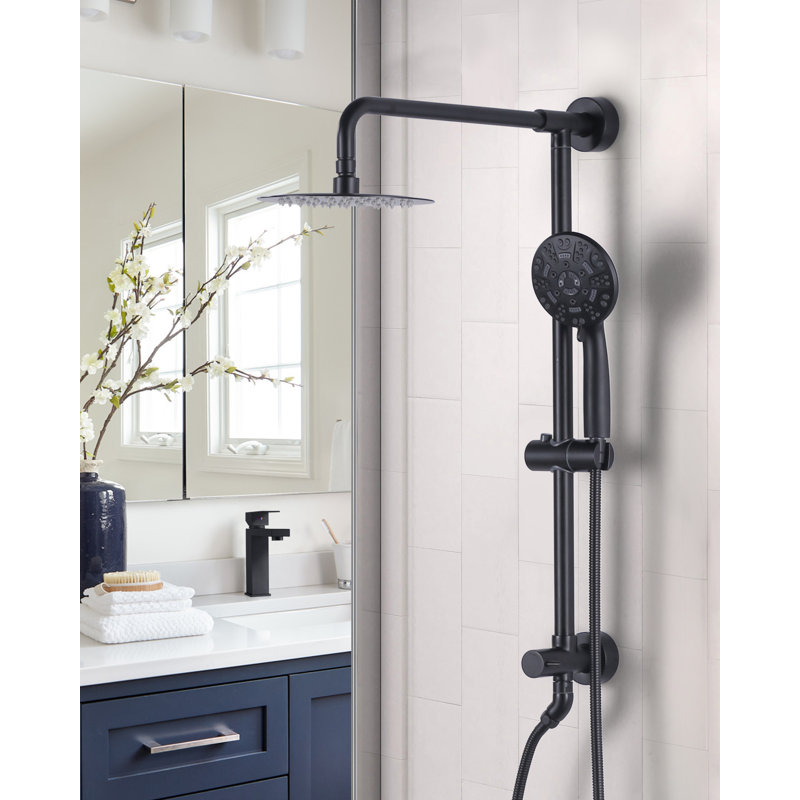 Ensemble de douche à barre ronde multi-fonctions 1,8 GPM à 7 jets avec pomme de douche fixe et douche à main, Noir mat