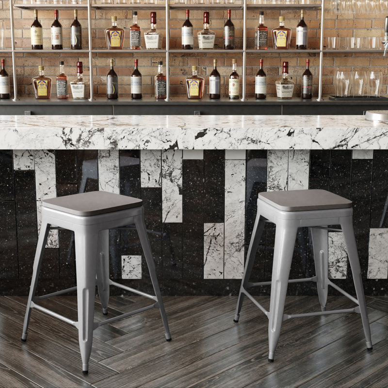 Briahnna Indoor/Outdoor Backless Counter Stool with Poly Resin Seat, Counter Stool (24" Seat Height), Silver/Gray