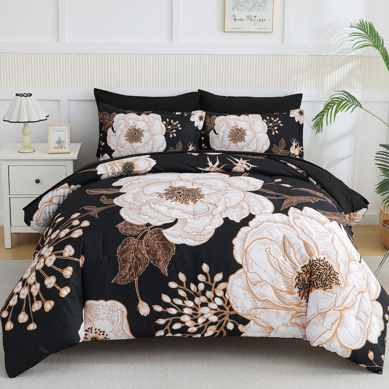7-Piece Floral Comforter Set - Soft Microfiber Bedding Set for All Seasons, Black White, King Quilt + 6 Additional Pieces