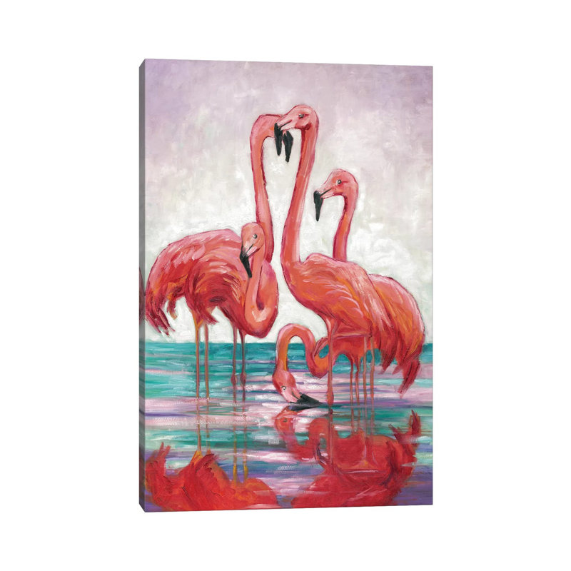 Cinq flamants roses par Malenda Trick - peinture sur toile tendue, H 26 po x l 18 po x 1,5 po