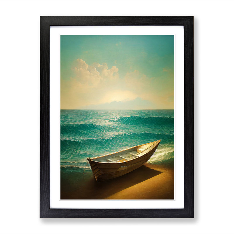 Boat on the Beach - Wall Art, Black Framed, 66cm H x 48cm W x 2cm D, White