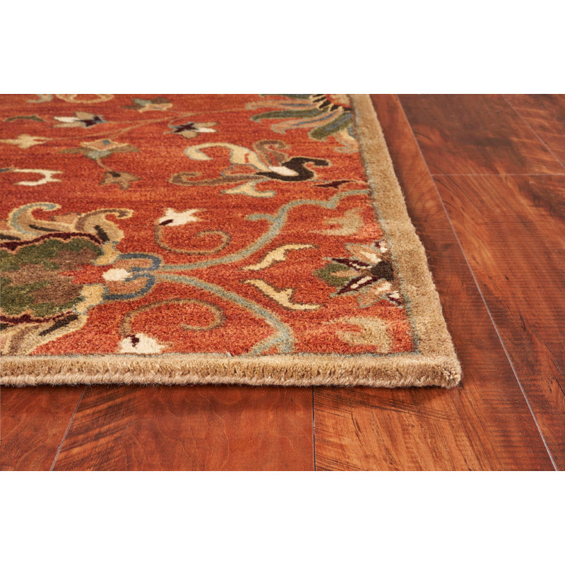 Tapis rouge / vert en laine touffeté à la main Statler, Rectangle de 5 pi x 8 pi, Terre de Sienne
