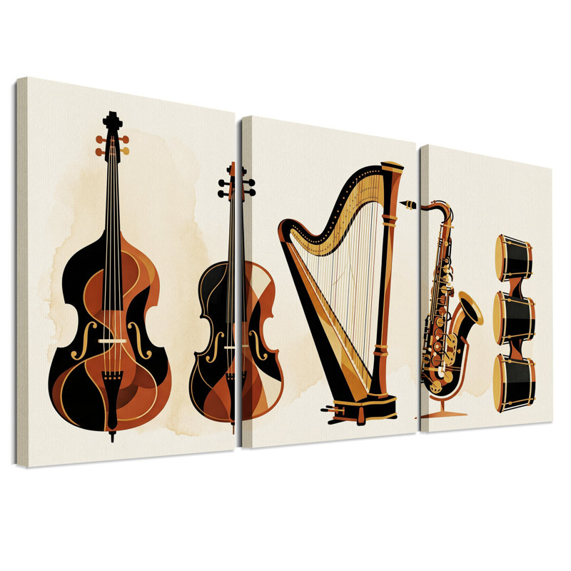 Ensemble d'instruments de musique sur toile bruns et noirs rétro, H 24 po x l 16 po x 3 pièces