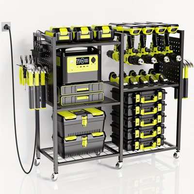  Organisateur d'outils électriques avec station de charge, chariot à outils roulant sur roulettes avec 12 supports de perceuses, 5 tablettes de rangement, boîte à outils pour support utilitaire avec multiprise pour garage, atelier, (noir)