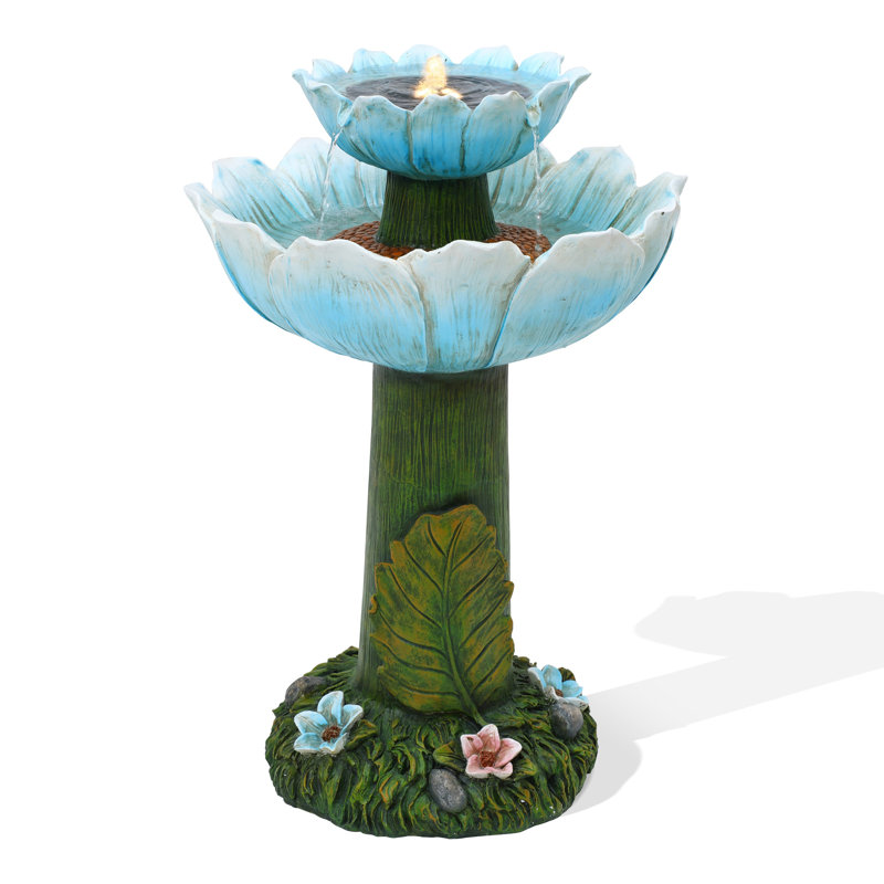 Audhumbla Solar Powered 28.35'' 2-Tier Flower Resin Birdbath Outdoor Fountain with Lights