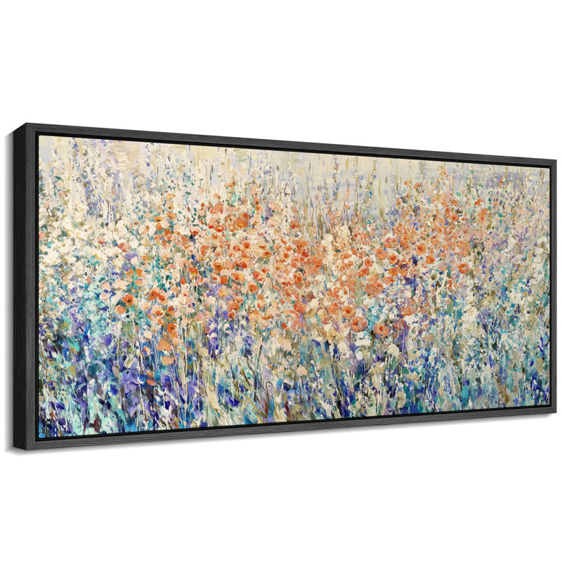 Impressionist Wildflower Meadow Field Landscape Wall Decor Extra Large Pictures Framed Canvas Print Wall Art, Black