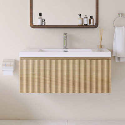 36'' Wall Mounted Single Bathroom Vanity With Glossy White Solid Surface Basin