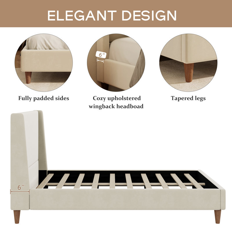 Lit plateforme tapissier moderne avec tête de lit à oreilles et pieds ronds Modern Boucle, Très grand lit