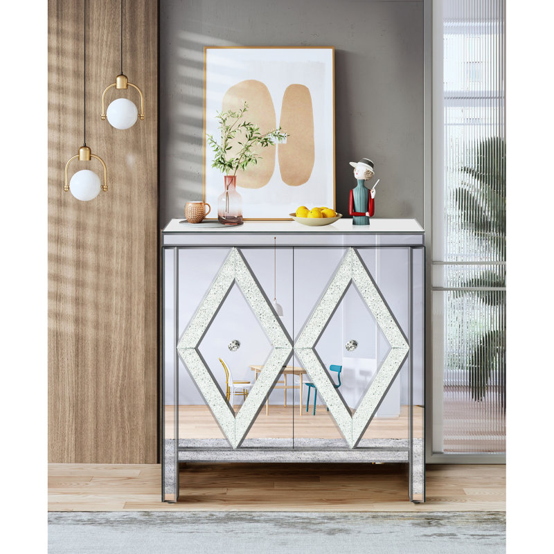 Armoire de rangement avec garniture de miroir et motif à losanges, argent pour le salon, entrée de salle à manger, cuisine - fabrication stable et armoire en forme de verre, salle à manger, entrée, qualité