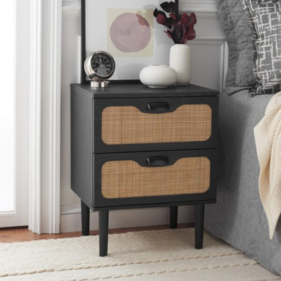 Modern Basilton Manufactured Wood 24.4'' H Nightstand, Elegant Rattan Mesh 2 Large Drawer Side Table