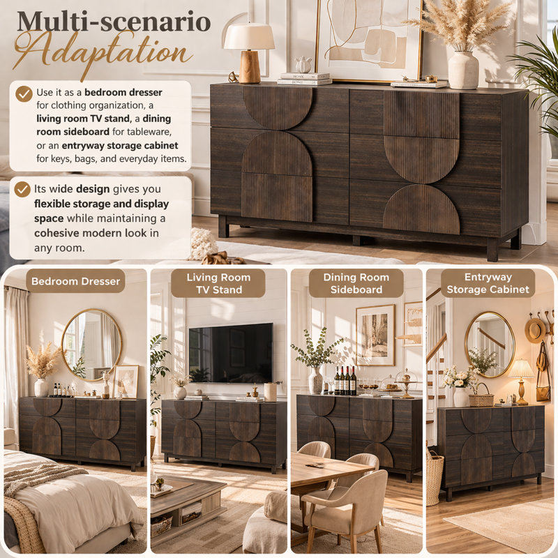 60"W 6 - Drawer Dresser, Dark Brown