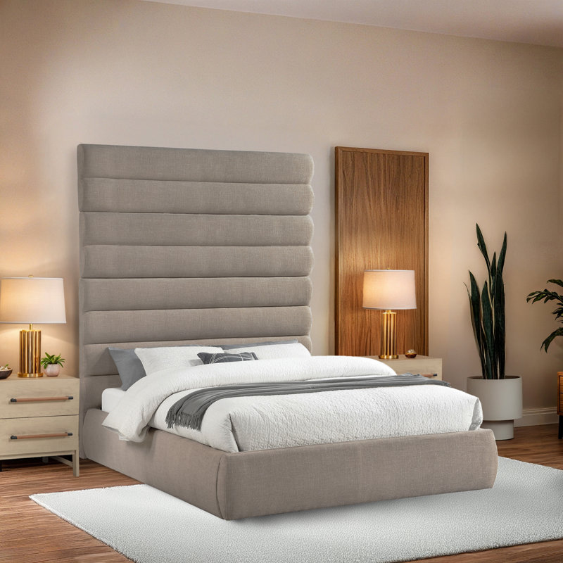 Lit en tissu Adam, Grand, Tissu texturé en lin beige
