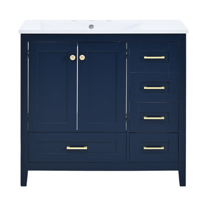 Ensemble de meuble-lavabo 36 po avec lavabo 36 po, armoire de salle de bain moderne à 4 tiroirs, ensemble de meuble-lavabo autoportant en bois avec pieds en bois massif, bleu (identique à N710S236001C)