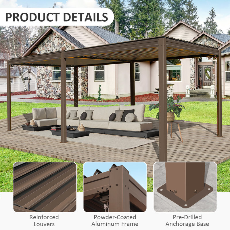 20 pi L 10 pi. Pergola en aluminium avec auvent, Brun