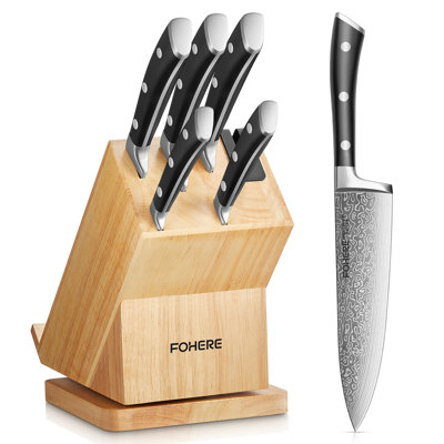 FOHERE Rotatable Knife Set with Phone Holder, 6 Pieces Kitchen Knife Sets, German Stainless Steel, Wood