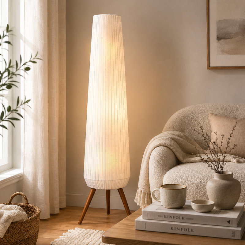 61" Mid Century Modern Tripod Floor Lamp With Pleated Fabric Shade, Walnut Wood Legs, 3-Light E12 With Edison Bulbs Included, Foot Switch Standing Lamp For Living Room Bedroom
