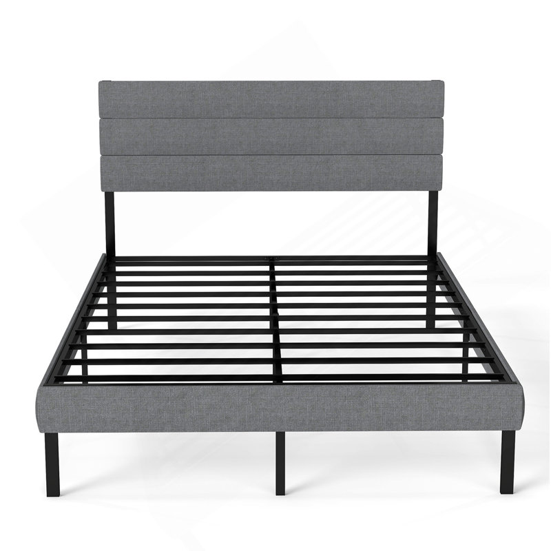 Base de lit plateforme grand lit - avec tête de lit, aucun sommier requis, rangement sous le lit de 14 po?, Gris / Noir