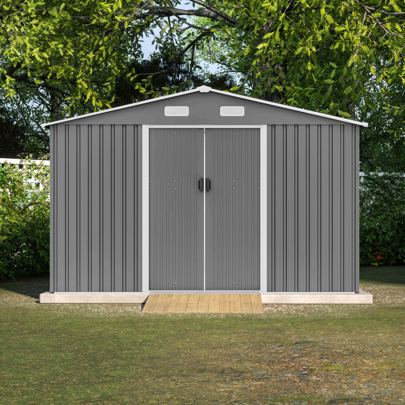 Storage Shed, 10X8 FT Outdoor Storage Shed,  Metal Foundation & Lockable Doors, Tool Shed For Garden, Patio, Backyard, Lawn, Grey
