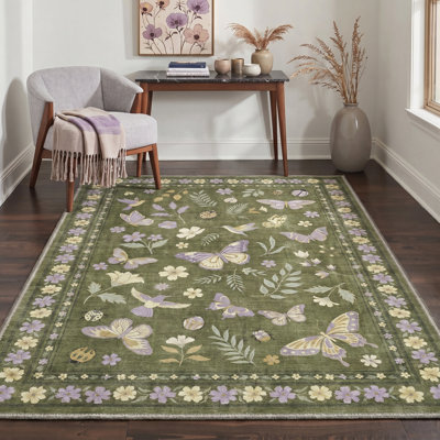 Tapis d'intérieur vert / mauve / beige lavable à la machine Adonis Serenia