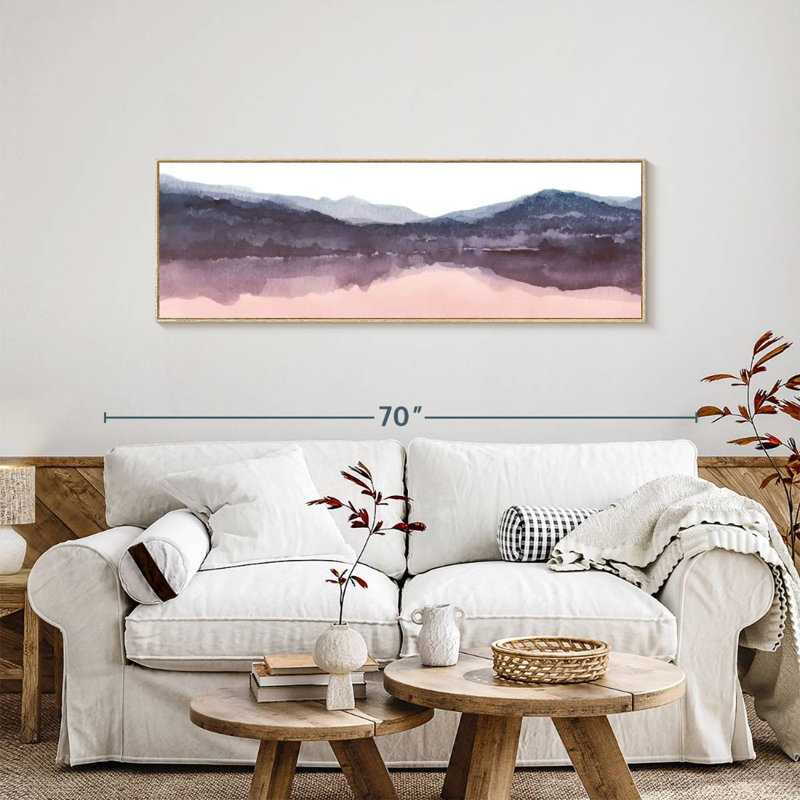 Aquarelle paysage IV rosé indigo III, Cadre flottant en bois naturel, 57 po x 19 po