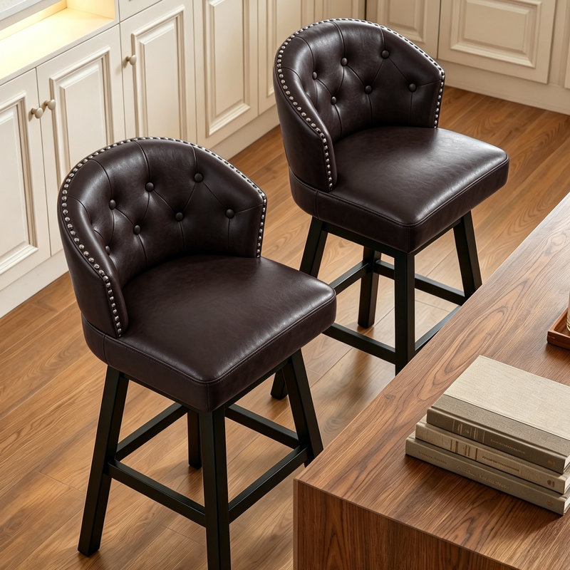 Tabourets de bar rembourrés avec structure en bois massif Aadhvika, Tabouret de comptoir (siège d'une hauteur de 26 p