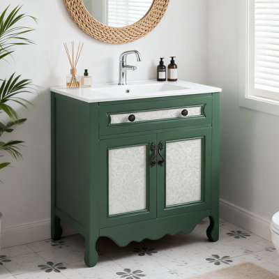 30'' Vintage Bathroom Vanity with Rectangle Ceramic Sink, Bathroom Vanity Cabinet with Antique knobs, Bathroom Storage Cabinet with Rubber Wood Legs and Adjustable shelves