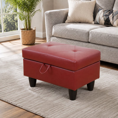 Storage Ottoman Bench, Tufted Stitched Faux Leather, Red