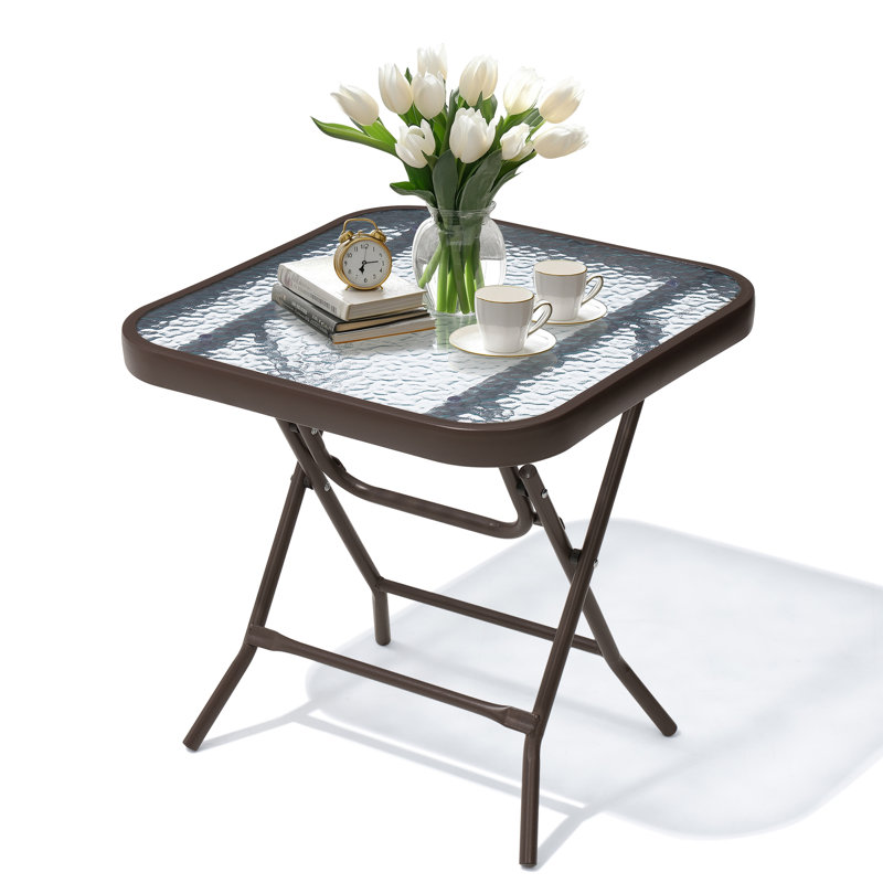 Square Glass Outdoor Folding Side Table, Brown
