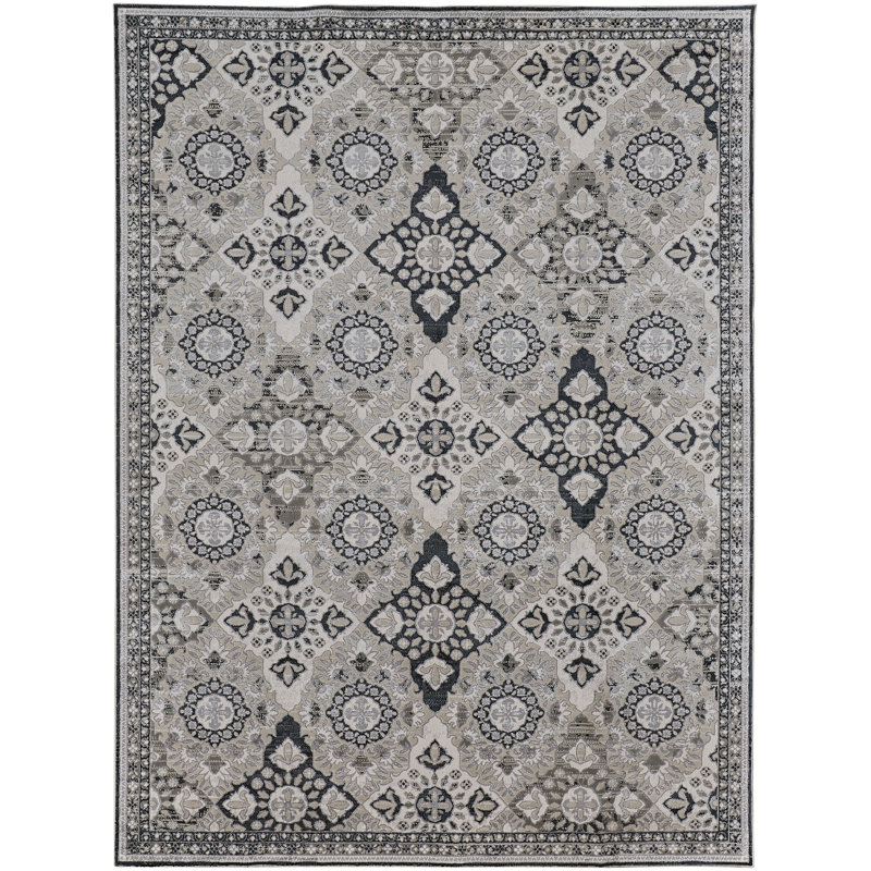 Callao Oriental Machine Woven Ivory/Black/Silver Area Rug, Rectangle 12' x 15'
