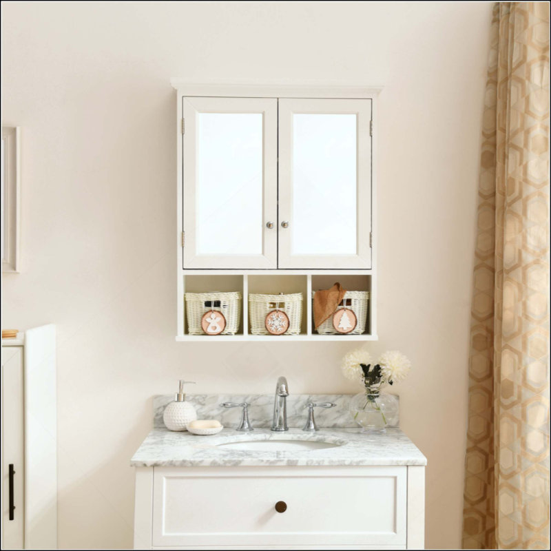 Armoire de rangement pour salle de bain, armoires à pharmacie pour salle de bain avec miroir, 2 portes, 2 tablettes réglables + 3 paniers de rangement de style Noël, armoire murale en bois pour la salle de bain
