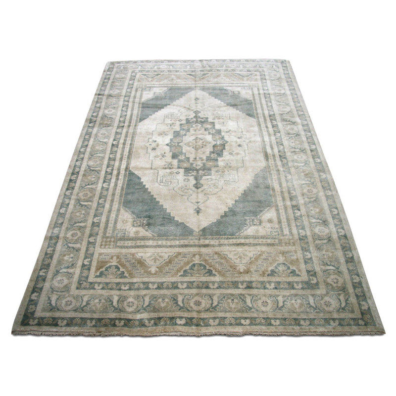 One-of-a-Kind Hand-Knotted 1960s 5'4" x 8'4" Wool Area Rug in Beige/Navy Blue