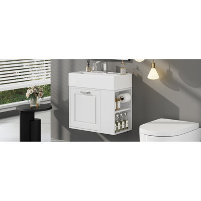 Meuble-lavabo suspendu de 55,4 cm (21,8 po) avec lavabo en céramique facile d'entretien, tiroir sous lavabo à fermeture amortie, étagères réglables à 2 niveaux et porte-papier hygiénique, fini peint blanc, assemblage en une seule pièce