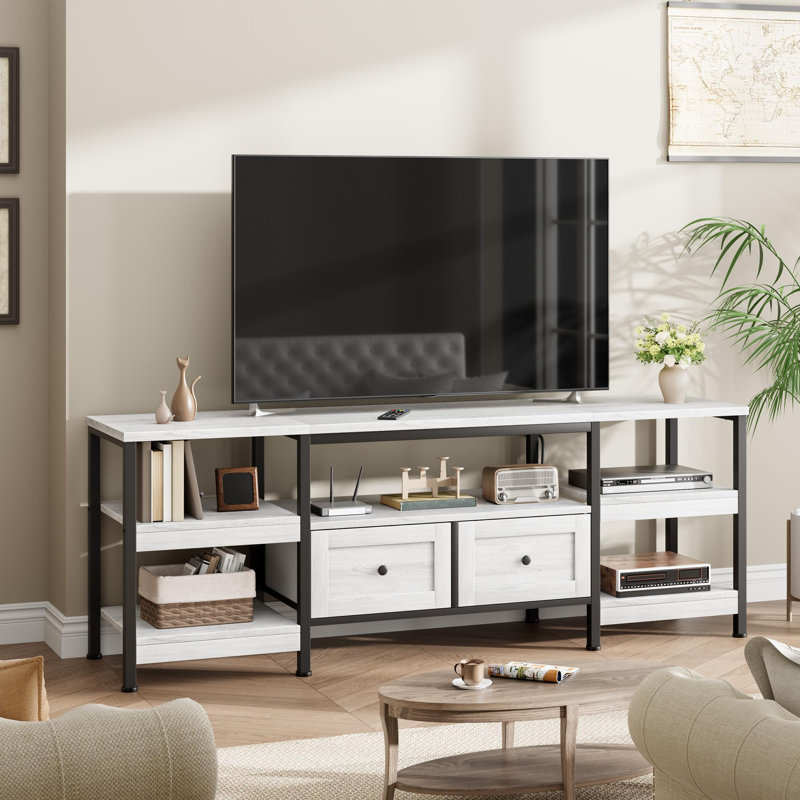 79" TV Stand for 85 Inch TVs, Industrial Entertainment Center with 2 Drawers, Open Shelves & Metal Frame, White