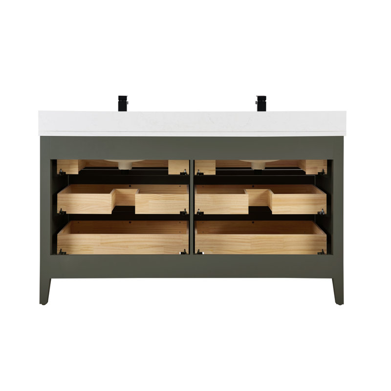 60" Solid Wood Sink Vanity With 1" Artificial Stone Top, Rose Gold, Pewter Green