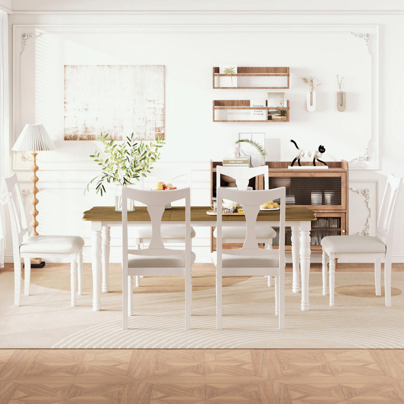 Ensemble de table de salle à manger 7 pièces avec rallonge amovible et 6 chaises d'appoint rembourrées, Naturel / Blanc