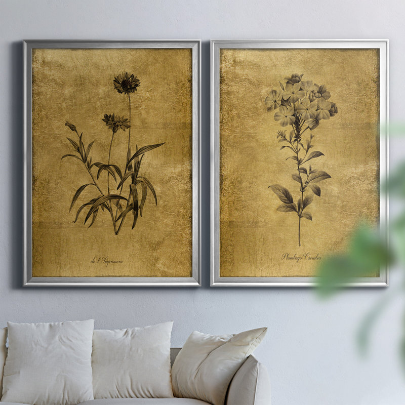 Gold Botanical Sketches Silver Framed Canvas Set