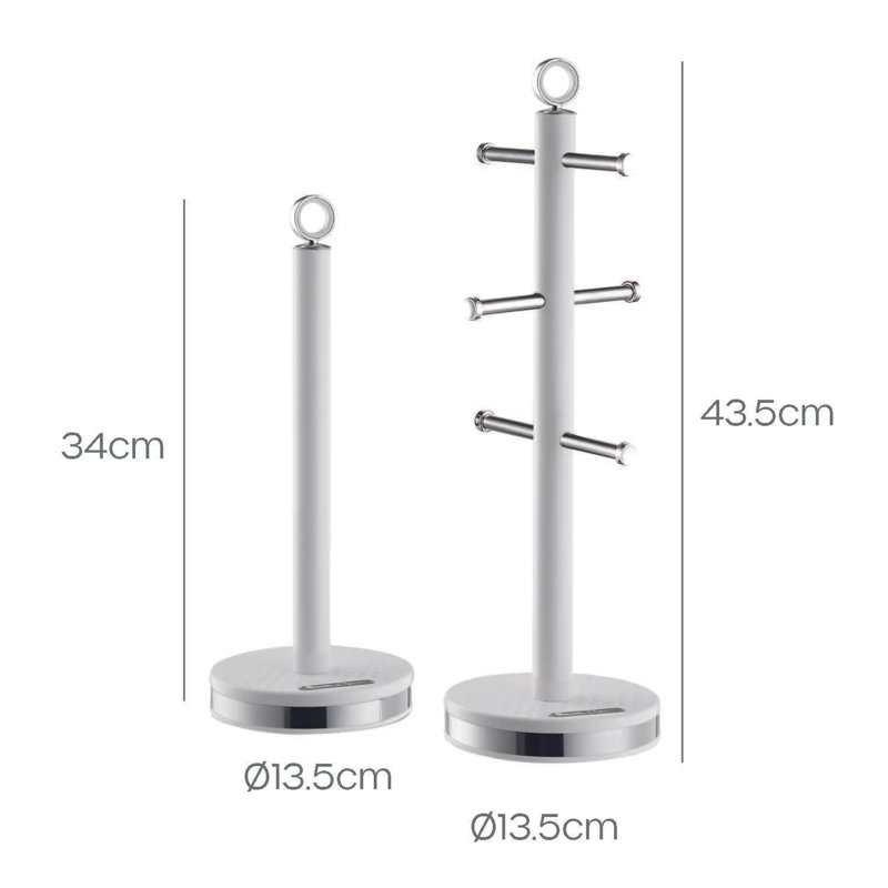 SWAN Elegance Towel Pole and 6 Cup Mug Tree Set with Textured Gloss Finish, Stainless Steel Accents and Non-Slip Bases, White